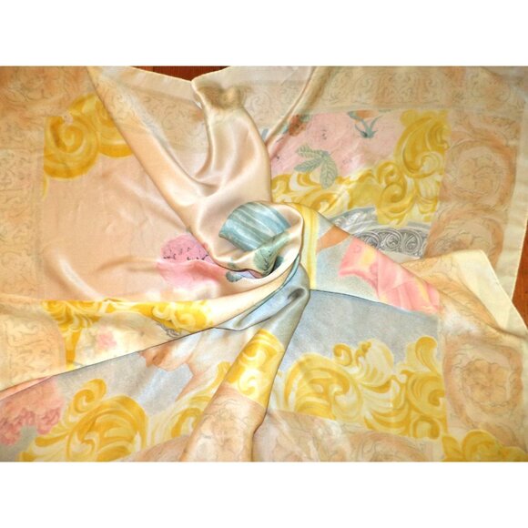 Vtg ESCADA Heavy Satin SILK SCARF Grecian Roman Roses 35"x35" HandRolled Italy - Picture 5 of 5